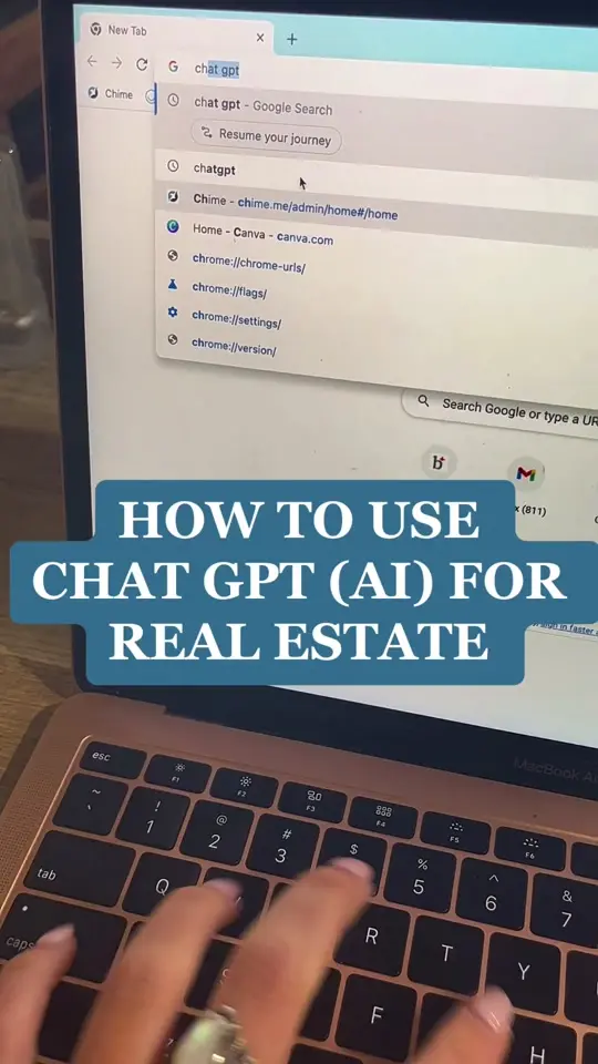 Cover image of @maddiebennett.realtor's TikTok: hands typing 'chat gpt' into a browser on a laptop, captioned 'How to use Chat GPT (AI) for real estate'.