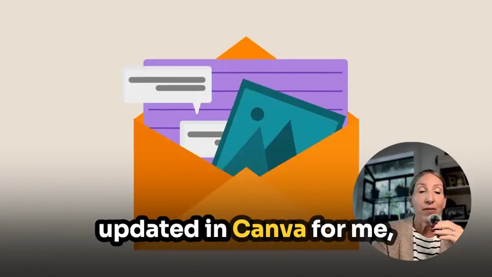 An animated graphic of an orange envelope with a newsletter page and a photo coming out of it; Carrie Dahle in a small circle at the side; caption 'updated in Canva for me'.